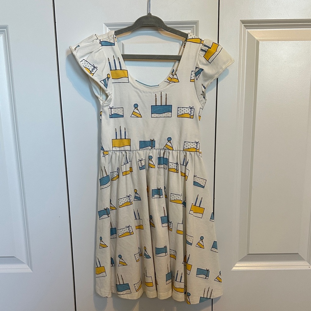 Kids' Cream Dress with Colorful Birthday Cake Print